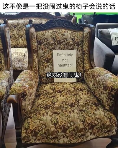 图片展示了一把带有华丽花纹的古董风格扶手椅，椅子上放着一个写有"Definitely not haunted!"的白色标牌。图片上方配有中文文字"这不像是一把没闹过鬼的椅子会说的话"，标牌下方有中文翻译"绝对没有闹鬼!"。这种欲盖弥彰的标语产生了强烈的幽默效果，暗示这把椅子可能确实有闹鬼嫌疑。