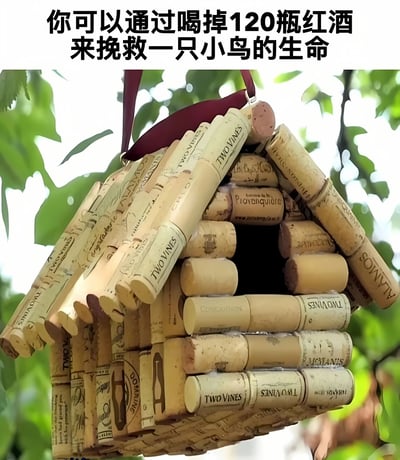 图片展示了一个由红酒瓶塞手工搭建的鸟屋，悬挂在绿叶掩映的树枝上。鸟屋整体呈圆顶小屋形状，瓶塞上可见各种红酒品牌的文字标识。图片上方配有文字“你可以通过喝掉120瓶红酒来挽救一只小鸟的生命”，以幽默的方式将红酒消费与环保创意联系起来，暗示收集120个红酒瓶塞可制作这样一个小鸟栖息地。