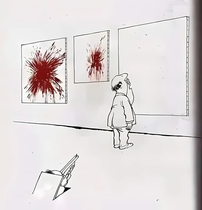 一幅线稿风格的漫画，描绘了一个穿着西装的男子在艺术画廊中参观的场景。画廊的白色墙壁上挂着三幅画作：左侧两幅是红色飞溅状的抽象画，右侧一幅则是完全空白的画布。男子正仰头注视着空白画布，手搭在额头上，表情显得困惑或沉思。地面左下角有一幅同样带有红色飞溅图案的画作斜靠在墙边，似乎是从墙上掉落的。整幅画通过对比展示的抽象艺术与空白画布，以及可能掉落的“艺术品”，形成了对现代艺术中抽象与意义的幽默讽刺。