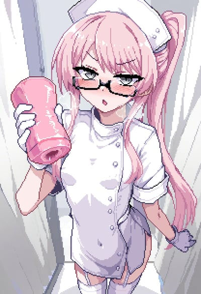 这是一幅像素风格的原创二次元插画，画面主体是一位留着侧马尾的粉发护士角色，她戴着黑框眼镜，脸颊泛起红晕，表情带着羞涩又略带挑逗的感觉，左手持有一个粉色的类似扩音器的物品，身穿修身的白色护士制服，搭配白色长筒袜，背景是浅色调的类似医院走廊的场景，整体风格软萌又带点魅惑感。图中没有双关、谐音梗或暗示内容。