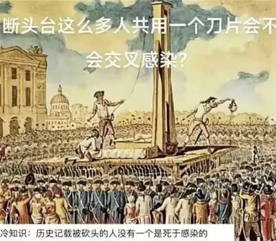 该图是二次创作的搞笑梗图，底图为描绘法国大革命时期断头台行刑场景的复古插画，画面中刑台上的行刑人员正在执行死刑，台下聚集了大量围观民众，图上方添加配文提问“断头台这么多人共用一个刀片会不会交叉感染？”，下方搭配冷知识回应“历史记载被砍头的人没有一个是死于感染的”，利用人被砍头后会立即死亡、不可能后续出现感染症状的逻辑反差制造笑点，讽刺了部分脱离实际、没有意义的过度担忧行为。