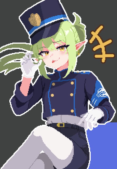这是一幅像素风格的原创二次元插画，画面主体是一位拥有淡绿色长发、尖精灵耳的女性原创角色。她身着深蓝色带浅蓝色装饰边的双排扣女警制服，头戴配有金色徽章的同色系大檐帽，手上戴着白色手套，下装为深色款式，搭配浅灰色长袜。角色呈慵懒坐姿，歪着头，一只手轻触帽檐，另一只手搭在身侧，嘴角微扬，吐着粉色舌头，眼神带着俏皮又魅惑的感觉，显得十分灵动。画面右侧有一个金色的像素化“爻”字，背景由深灰色块和蓝色块构成，整体画风精致可爱，充满二次元萌系风格。
