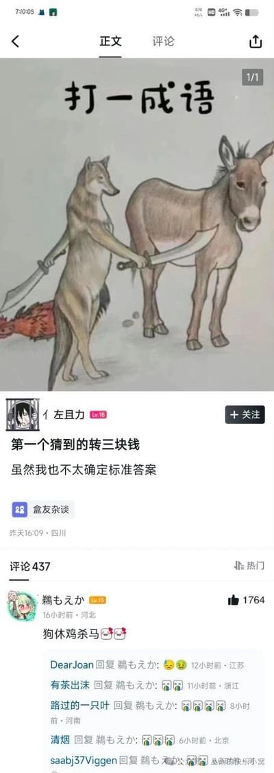 这是一张来自国内社交平台社区板块的竖屏截图，内容分为上下两部分：上半部分是一幅原创卡通猜谜图，画面中一只拟人化的狼手持长刀，另一只手牵着驴的缰绳，地面上躺着一只死去的红色家鸡，图的顶部配有文字“打一成语”；下半部分是该帖子的互动区域，发布者是等级为Lv18的用户「亻左且力」，配文表示“第一个猜到的转三块钱，虽然我也不太确定标准答案”。评论区的热门评论由用户「鵜もえか」发布，内容为「狗休鸡杀马」，这是一个谐音梗，模仿成语结构创作的谐音内容，其他网友也纷纷跟进玩谐音梗回复，比如「有茶出沫」（谐音“有朝一日”），整体呈现出网友们围绕猜谜图玩趣味谐音梗的轻松互动氛围。其中，猜谜图的元素狼、驴、刀、死鸡，原本应该对应某个成语，但发布者自己也不确定答案，使得评论区成为网友玩梗的舞台。