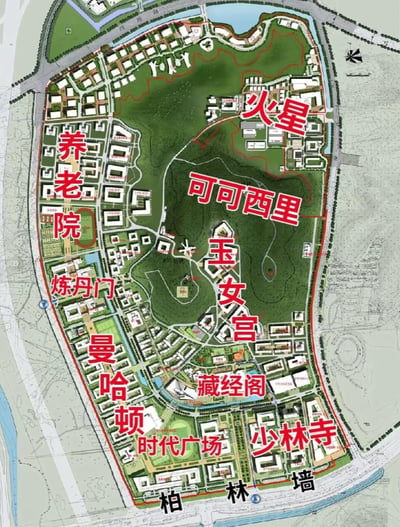 这是一张经过网友二次创作的园区（推测为大学校园）规划总平图，原本的功能区域被替换成了一系列充满反差感的搞笑命名：左侧的生活建筑群被标注为「养老院」，右上角的区域调侃为「火星」，校内的核心山地被命名为「可可西里」，山脚下的建筑叫「玉女宫」，还有「炼丹门」「曼哈顿」「藏经阁」「少林寺」等趣味称呼，底部边缘被戏称为「柏林墙」。用这些知名地名、IP和梗名来调侃校园不同区域的特点，比如偏远的山地像无人区可可西里，生活区节奏慢像养老院，充满学生群体自娱自乐的玩梗趣味。