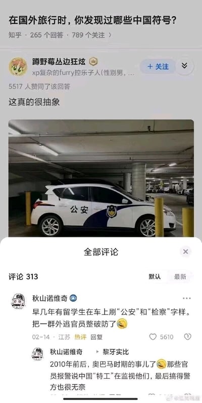 这是一张竖屏格式的知乎问答社区截图，页面顶部显示问题为“在国外旅行时，你发现过哪些中国符号？”，该问题有265个回答、789个关注。答主“蹲野莓丛边狂炫”发布了一张停在国外地下停车场的白色汽车图片，车身喷有“公安”字样和类似警徽的标识，答主配文“这真的很抽象”，该回答获得5517人赞同。评论区中用户“秋山诺维奇”的两条热评分享了相关趣事：第一条评论称早几年有留学生在自己车上刷“公安”和“检察”字样，把一群外逃官员整破防了；第二条评论补充这是2010年前后奥巴马时期的事件，外逃官员误以为是中国“特工”在监视他们，于是报警，最后让警方也十分无奈，这条评论获得了5610个点赞。图片右下角带有“@被窝嘿唐”的水印。