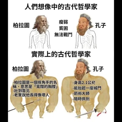 这张梗图采用上下分栏的对比构图，呈现人们想象与实际认知中的柏拉图和孔子的巨大反差。上半部分是大众刻板印象里的古代哲学家形象：柏拉图和孔子都是瘦弱的骨架，标注着「瘦弱 贫困 无法战斗」，符合人们对文人学者文弱的固有认知；下半部分则是结合历史冷知识的夸张呈现：柏拉图被画成肌肉发达的壮汉，文字介绍其名字原是摔角手称呼，意为「宽阔的胸膛」，本人壮实且长相凶悍；孔子同样是肌肉壮汉形象，文字介绍他身高2.1公尺、能抬起城门、是箭术大师且随时佩剑。图中用夸张的视觉效果和趣味冷知识，打破大众对古代哲学家的刻板印象，制造出强烈的搞笑反差感。