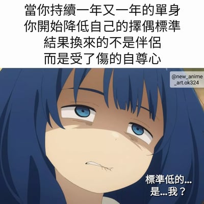 图片上半部分为黑色文字，内容是“当你持续一年又一年的单身 你开始降低自己的择偶标准 结果换来的不是伴侣 而是受了伤的自尊心”。下半部分是一个蓝发动漫女孩的特写，她眼神低垂，嘴角微抿，表情悲伤，右下角配有文字“标准低的...是...我？”，整体表达了长期单身者降低择偶标准后反而感到自尊心受伤的无奈情绪。