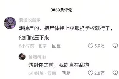 这是一张中文社交媒体评论区截图，顶部显示该内容共有3863条评论。第一条评论由IP属地为北京的用户“浪漫收藏家”发布于6小时前，内容为“想抛尸的，把尸体换上校服扔学校就行了，他们能压下来”，用极端夸张的假设讽刺部分学校在发生负面事件时倾向于掩盖消息、压制舆情的不当做法，该评论获得5.9万点赞。第二条是IP属地为云南的用户“含烟疏雨”在6小时前发布的回复，承接前一条评论的“抛尸”表述玩梗，内容为“遇到你之前，我简直在乱抛”，获得2.8万点赞。
