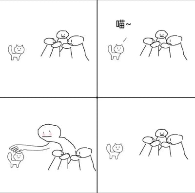 四格黑白线稿漫画，描绘猫咪与围观人群的互动场景。第一格：左侧一只面带微笑的猫咪，右侧三名简笔画人物正扭头注视猫咪；第二格：猫咪上方出现“喵~”的叫声气泡，人物保持围观姿态；第三格：一名人物弯腰伸手抚摸猫咪，脸颊泛起红晕；第四格：猫咪转身走开，人物仍维持原姿势注视。整体风格简洁可爱，展现日常中人与小动物的温馨互动。