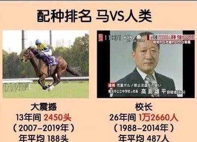 这是一张左右对比的讽刺梗图，左侧是赛马“大震撼”在赛场奔跑的实拍照片，下方标注其2007-2019年13年间的配种数据：共2450头，年平均188头；右侧是日本横滨市公立中学校长高岛雄平的新闻报道截图，下方标注其1988-2014年26年间侵犯12660人的违法数据，年平均487人。图以“配种排名”为标题，将校长的恶劣犯罪行为与赛马配种做荒诞对比，用强烈的反差讽刺该校长的离谱行径，放大事件的恶劣程度。