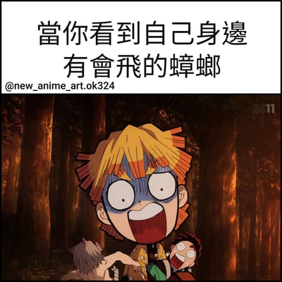 这是一张动漫梗图，上方配有文字"當你看到自己身邊有會飛的蟑螂"，下方是《鬼灭之刃》中的角色我妻善逸极度惊恐的表情截图。图中善逸瞪大双眼，嘴巴大张，露出极度震惊的表情，背景是森林场景。