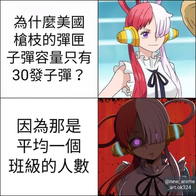 这是一张四格漫画形式的梗图，通过动漫女孩的表情变化和文字对比制造黑色幽默。上左格文字提问“为什么美国枪枝的弹匣子弹容量只有30发子弹？”，上右格是一位红白色头发、戴黄色耳机的动漫女孩微笑表情；下左格文字回答“因为那是平均一个班级的人数”，下右格同一女孩表情变得邪魅，背景变为红色。图片通过将枪支弹匣容量与班级人数关联，讽刺美国校园枪击问题。