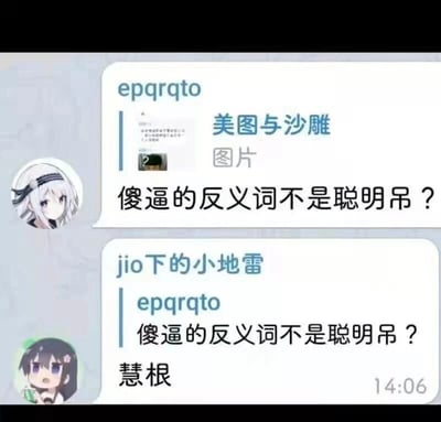 这是一张来自国内即时通讯软件的聊天记录静态截图，画面呈现两位用户的互动对话。用户“epqrqto”先发送了一张名为“美图与沙雕”的图片，随后提出疑问“傻逼的反义词不是聪明吊？”；用户“jio下的小地雷”引用了该疑问内容，接着回复“慧根”。这段对话是利用拆字与谐音的低俗双关梗，将“傻逼”拆分为“傻”和“逼”，分别对应反义词“慧（聪慧）”和“根”，组合成“慧根”来回应，属于网友间的趣味低俗玩梗内容。两位用户的头像均为二次元风格女性角色，上方角色为白发带发带造型，表情平静；下方角色为黑发造型，手持物品，表情惊讶。