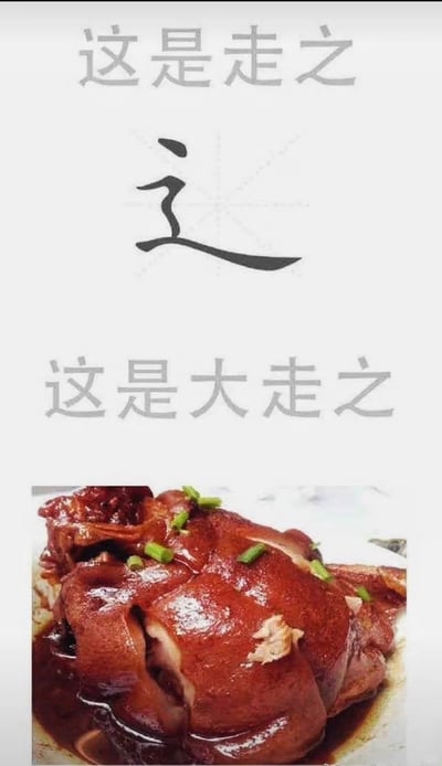这是一张利用汉字谐音制作的趣味图文内容，整体为竖屏格式。上方区域配有文字“这是走之”，并展示了汉字的走之旁“辶”的写法；下方区域配有文字“这是大走之”，并搭配了一道色泽红润、点缀着葱花的红烧肘子美食图片。创作者利用“肘”与“走”的谐音，将汉字偏旁和美食进行趣味关联，制造出幽默搞笑的效果，属于网络上流行的谐音梗类创作。