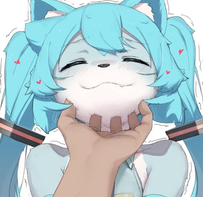 这是一幅furry风格的二创插画，将虚拟歌手初音未来进行了兽化改编：保留了标志性的蓝发双马尾造型，搭配兽耳的兽类形象，被一只手托着下巴，双眼紧闭，脸颊泛起红晕，周围飘着红心特效，整体神态害羞又满是幸福感，画风柔和治愈，充满可爱的二次元氛围。
