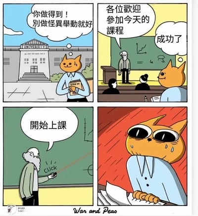 四格漫画描绘了一只橙色猫去上大学经济学课的经历。第一格：猫抱着标有"ECON 101"的课本站在大学门口，自信地想"你做得到！别做怪异举动就好"；第二格：猫坐在教室里，看着讲台上的教授，得意地想"成功了"，教授正说"各位欢迎参加今天的课程"；第三格：教授在黑板上写字并说"开始上课"，伴有"Click"的音效；第四格：猫表情震惊，眼睛瞪得巨大，额头冒汗。漫画标题为"War and Peao"，是对《战争与和平》(War and Peace)的戏仿。