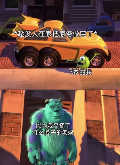 图片为上下两格拼接的 meme，上方画面中是《怪兽电力公司》的绿色单眼怪兽麦克·华斯基，他站在一辆黄色汽车旁，面带笑容举起手臂，配文“*趁没人在家把家务做完了*”和“7岁的我”，表现出孩子主动完成家务后的得意；下方画面是蓝色毛怪詹姆斯·P·苏利文（苏利文），他站在标有“309”门牌号的门口，表情严肃略带疑惑，配文“以为我又捅了什么娄子的老妈”，幽默展现了母亲对孩子突然“懂事”行为的意外与警惕，形成鲜明的亲子反差萌效果。