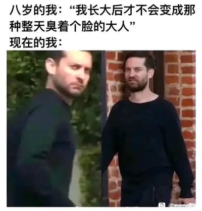 这是一张充满自嘲意味的搞笑梗图，采用图文混排+左右对比的形式呈现。上方文字部分是八岁时的自己立下的天真誓言：“我长大后才不会变成那种整天臭着个脸的大人”，下方则用两张美国演员托比·马奎尔的照片来代表“现在的我”，照片里的托比·马奎尔眉头紧皱、面色阴沉，一脸烦躁疲惫的臭脸状态，精准地还原了被生活、工作压力打磨后的成年人模样。通过小时候的美好期许和长大后的真实状态的强烈反差，生动地调侃了成年人生活的疲惫与无奈，极易引发打工人的共鸣。