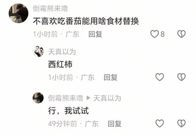 这是一张社交平台评论区的互动截图，来自广东的用户“倒霉熊来噜”首先提问不喜欢吃番茄可以用什么食材替换，另一位同地区用户“天真以为”回复“西红柿”，而提问的用户并没有意识到番茄和西红柿是同一种食材，回复对方称“行，我试试”，整个对话形成了非常有反差感的冷笑话效果，充满网络趣味。