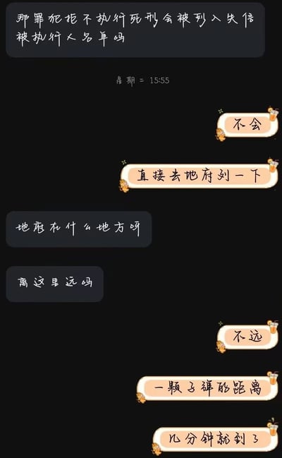 这是一段社交聊天软件的对话截图，内容围绕一个脑洞问题展开：提问者提出“罪犯拒不执行死刑会被列入失信被执行人名单吗”的奇特问题，回答者没有从法律角度解答，而是用充满黑色幽默的方式回应，称不会被列入失信名单，而是“直接去地府列一下”；当提问者追问地府的位置和距离时，回答者用“一颗子弹的距离”“几分钟就到了”来暗指死刑执行的结果，用玩笑的方式将严肃的死刑话题转化为趣味对话，充满创意和黑色幽默。