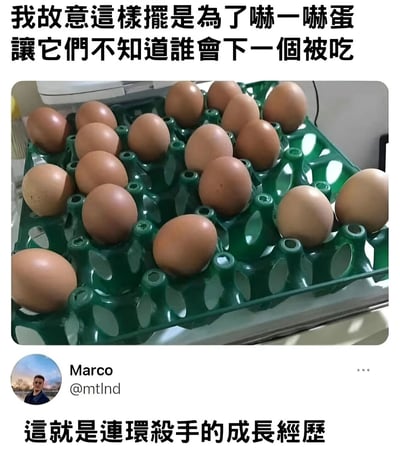 一张展示绿色蛋盒中鸡蛋的照片，蛋盒中的鸡蛋没有按常规整齐排列，而是故意空出了一些位置。图片上方配有文字：'我故意這樣擺是為了嚇一嚇蛋 讓它們不知道誰會下一個被吃'，下方有用户Marco的头像和ID，以及文字：'這就是連環殺手的成長經歷'。图片通过拟人化鸡蛋并将日常的鸡蛋摆放行为幽默地比作连环杀手的心理，制造出黑色幽默的效果。