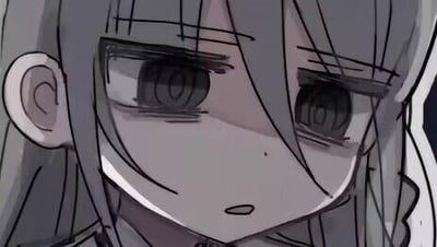 A close-up of an anime-style girl with long gray hair and large eyes, displaying a neutral expression with a hint of sadness. The image is a black and white line drawing, focusing on the character's facial features.