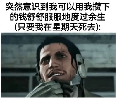 图片上方为黑色文字：'突然意识到我可以用我攒下的钱舒舒服服地度过余生 (只要我在星期天死去):'，下方是一张戴耳机的男性角色截图，角色表情严肃，眼神坚定，似乎在做出某种决定。整体通过黑色幽默的方式调侃了省钱与生活长度的关系，暗示如果生命足够短，攒下的钱就能让生活变得舒适。