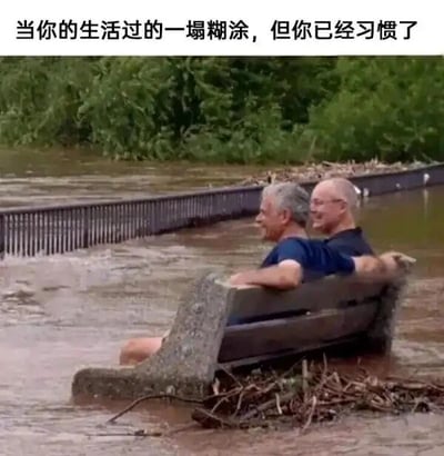 这是一张文字加注的静态原始拍摄图，画面呈现的是洪水灾害后的场景：浑浊湍急的洪水淹没了大部分区域，一张户外长椅几乎被洪水没过，两位老年男性坐在这张被淹的长椅上，姿态放松，其中一位面带笑意，仿佛将长椅当成了船，完全没有被周围糟糕的环境影响。图片上方配有文字“当你的生活过的一塌糊涂，但你已经习惯了”，用这个荒诞又真实的场景，比喻人们在不如意、糟糕的生活处境中，逐渐适应后依然保持乐观、随遇而安的心态，带有一种无奈却又豁达的幽默感，很容易引发人们对自身生活状态的共鸣。