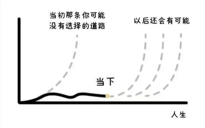 这是一张关于人生道路选择的示意图。图中横轴标注为“人生”，一条黑色曲线代表当下正在走的人生轨迹，曲线上有一个黄色圆点标记为“当下”。在“当下”之前，有一条灰色虚线曲线标注“当初那条你可能没有选择的道路”，表示曾经未选择的路径；在“当下”之后，有多条灰色虚线曲线向上延伸，标注“以后还有可能”，暗示未来仍存在多种可能性。整体构图简洁，通过曲线和文字结合，传达对人生选择与未来可能性的思考。