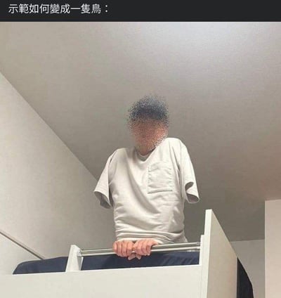 这是一张利用视觉错位与图像修改制作的趣味梗图，图上方配有文字“示范如何变成一只鸟：”。图中人物双手抓在栏杆上，头部被模糊处理成类似鸟头的效果，同时人物的手臂被栏杆完全遮挡，从视觉角度看仿佛是鸟的爪子抓着栏杆，人的上半身化作鸟的躯体，通过这种简单的视觉错觉与图像编辑，制造出“人变身成鸟”的诙谐效果，充满趣味性。
