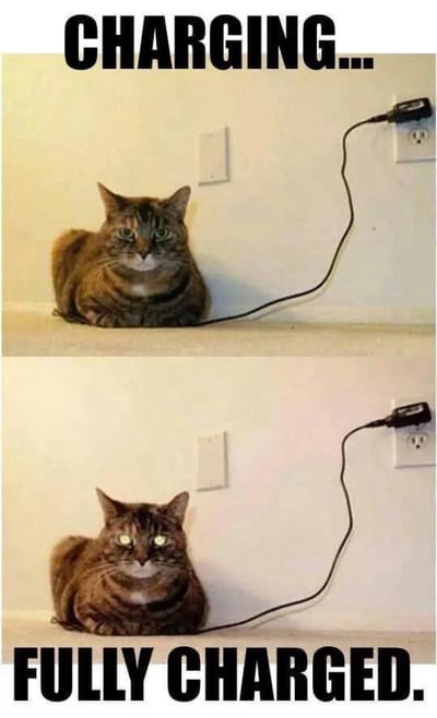 这是一张上下对比结构的趣味梗图，共分为两格：上图顶部标注文字“CHARGING...”，画面里一只狸花猫蹲在靠墙的台面上，一根充电线一端插在墙面插座中，另一端恰好放在猫咪身下，营造出猫咪正在连接电源充电的错觉，此时猫咪眼睛是正常的状态；下图底部标注文字“FULLY CHARGED.”，同样的场景里猫咪的眼睛发出明亮的白光，模拟电子设备充满电的状态，完美呼应“充电完成”的文字，整体脑洞十足，十分搞笑。