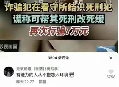 图片展示一则社会新闻报道截图，内容是看守所内的诈骗犯谎称能帮死刑犯改判死缓，再次诈骗对方7万元。下方有一条高赞网友评论“有能力的人从不抱怨大环境🐱”，这种强烈的对比和无厘头的评论引发网友共鸣。整体风格魔幻又搞笑，带有对社会现象的无奈讽刺。评论使用正能量鸡汤语录，实际上与新闻内容形成双关调侃效果。