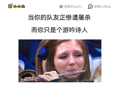 这是一张针对游戏场景创作的搞笑梗图，上方配有两行文字“当你的队友正惨遭屠杀而你只是个游吟诗人”，下方是一张真人实拍照片：一位身为乐队长笛手的女生满脸泪痕，神情悲伤痛苦，却依然含着长笛坚持吹奏。该梗图用来调侃在多人合作类游戏中，玩家选择了类似“游吟诗人”这类偏向辅助、缺乏直接强力输出或救援能力的职业时，眼睁睁看着队友被敌方攻击陷入绝境，自己却无力改变战局，只能继续履行职业职能的无奈与悲伤心情，将这种无力感通过女生哭着演奏的画面生动地展现出来。