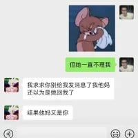这是一张图文混排的聊天记录梗图，上方搭配了《猫和老鼠》里杰瑞委屈巴巴的表情包，配文“但她一直不理我”，下方是聊天框里的吐槽内容：“我求求你别给我发消息了我他妈还以为是她回我了”“结果他妈又是你”，生动地表现出用户期待在意的人回复消息，结果却是不想搭理的人发来消息的尴尬与无奈情绪，没有双关、谐音梗等内容。