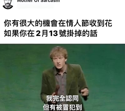 这是一张讽刺类情人节梗图，上半部分文字写着'你有很大的機會在情人節收到花 如果在2月13號掛掉的話'，用黑色幽默的方式调侃单身人士在情人节收不到花的窘境。下半部分是一位金发男子手持麦克风，表情惊讶，配文'我完全認同 但有被冒犯到'，表达了对这种讽刺的共鸣与无奈。图片左上角有'Mother Of Sarcasm'字样，强化了其讽刺性质。
