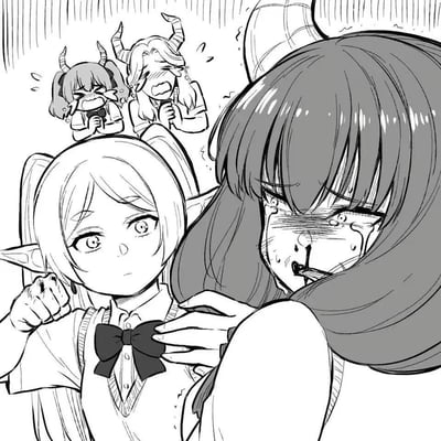 这是一幅黑白二次元插画，描绘了校园里的冲突场景：左侧的精灵女生面无表情，带着伤痕的拳头刚完成挥击，手按在右侧恶魔女生的胸前；被打的恶魔女生泪流满面，鼻子流血，嘴里咬着东西，崩溃到极点；她们身后的两个长角女生目睹了全程，已经哭成一团，整个画面充满了强烈的冲击感，营造出紧张又混乱的氛围。图中没有双关、谐音梗或暗示内容。