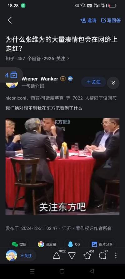 这是知乎平台上关于「为什么张维为的大量表情包会在网络上走红？」问题下的一个高赞回答，答主Wiener Wanker分享了一张包含张维为的圆桌讨论节目截图，配文表示在东方吧看到该内容，截图下方带有「关注东方吧」的字幕，该回答获得了7022位网友的赞同，整体是网络社区中传播梗图相关内容的场景。
无谐音梗、双关或暗示内容。