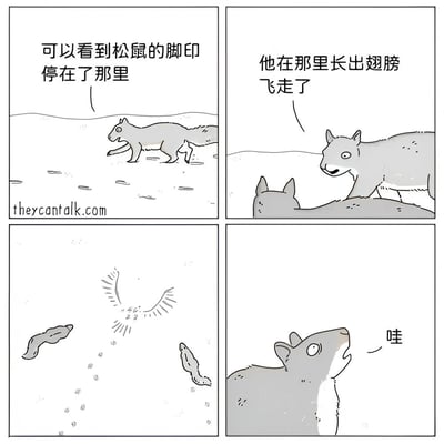 四格连环漫画描绘了松鼠脚印的奇妙故事。第一格中，地面上的松鼠脚印突然中断，配文“可以看到松鼠的脚印停在了那里”；第二格显示一只松鼠长出翅膀，从另一只动物（可能是狗）的视线中飞走，配文“他在那里长出翅膀飞走了”；第三格特写脚印终点处出现翅膀扇动的痕迹和几颗小颗粒；第四格中，那只动物抬头惊讶地喊出“哇”。画面采用简约的卡通风格，通过脚印和翅膀的反差制造幽默效果。