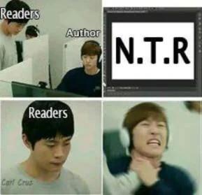 四格拼接图，展示读者与作者对NTR剧情的不同反应。上左格标有'Readers'，人物注视屏幕；上右格标有'Author'，屏幕显示'N.T.R'；下左格标有'Readers'和'Can't Cope'，人物表情严肃；下右格人物表情痛苦，似因NTR剧情崩溃。NTR是ACGN中常见的'寝取'（被他人夺走伴侣）题材，该梗图通过真人表情对比，幽默表现读者对NTR剧情的强烈不适与作者创作时的状态反差。