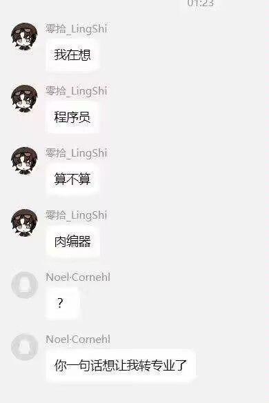 这是一段竖屏的聊天记录截图，用户「零拾_LingShi」分四条消息逐步抛出脑洞疑问：“我在想”“程序员”“算不算”“肉编译器”，将程序员的工作调侃为“人肉编译器”，玩了谐音结合的梗。另一位用户「Noel-Cornehl」先是回复问号表示疑惑，随后吐槽“你一句话想让我转专业了”，表现出被这个调侃戳中痛点的无奈。
**谐音梗说明**：“肉编译器”是将“人肉”与“编译器”结合，调侃程序员需要像编译器一样处理代码，耗费精力如同人肉去完成编译工作，精准戳中程序员的工作特性。