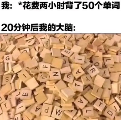 这张梗图通过对比展示了一个人花费两小时背诵50个单词后，20分钟内大脑中的单词就变成散乱字母块的场景，生动幽默地表现了学习后记忆快速模糊的普遍现象，容易引起学习者的共鸣。