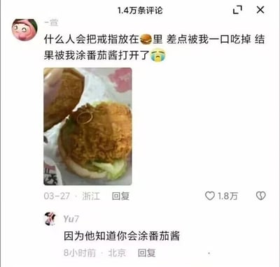 这是一张社交媒体评论区的截图，页面顶部标注有1.4万条评论。用户“-萱”发布了一条带图评论，图片展示了一个被打开的汉堡，汉堡的肉饼上放置着一枚金色戒指；她的评论内容为“什么人会把戒指放在🍔里 差点被我一口吃掉 结果被我涂番茄酱打开了😢”，附带流泪的表情，这条评论发布于3月27日，IP地址显示为浙江，获得了1.8万次点赞。在该评论下方，用户“Yu7”进行了回复，内容为“因为他知道你会涂番茄酱”，发布时间标注为8小时前，IP地址显示为北京。这条回复是一个巧妙的调侃，暗示将戒指放在汉堡里的人了解“-萱”吃汉堡会涂番茄酱的习惯，以此方式让她发现戒指，像是一个浪漫的小惊喜，形成了有趣的互动效果。