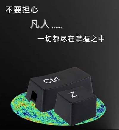 这是一张贴合电脑使用者日常的趣味梗图，画面上方以带有俯视感的语气配文“不要担心 凡人……一切都尽在掌握之中”，下方将键盘的Ctrl键与Z键放置在类似地球的图案上，视觉上营造出按键“掌控全局”的效果。该图利用办公、创作场景中广为人知的Ctrl+Z撤销快捷键功能，将其能挽回操作失误的实用价值进行夸张化、拟人化的创意表达，传递出“无论出现什么失误，都能靠这个快捷键补救”的安心感，能让职场人、电脑用户产生强烈共鸣。
