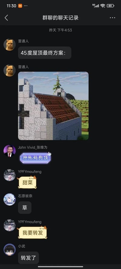 这是一张手机聊天记录截图，显示了一个群聊中关于Minecraft游戏建筑的讨论。用户"普通人"分享了一张Minecraft游戏截图，展示了一个带有45度角屋顶的建筑，并配文"45度屋顶最终方案："。其他群成员对此发表了各种评论，包括"神他妈狗顶"、"甜菜"、"草"等反应。截图展示了典型的手机聊天界面，包含用户头像、用户名和时间戳等元素。