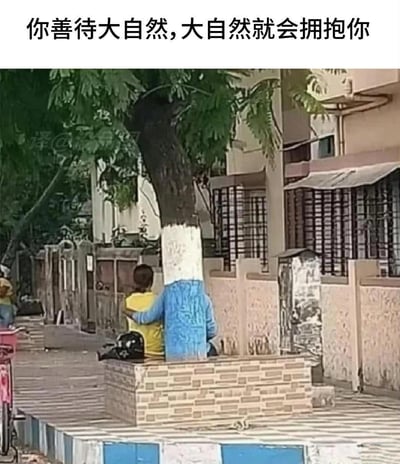 这是一张利用视觉错位拍摄的趣味照片：画面中一位穿黄色上衣的路人坐在街边石台上，身旁的大树下半部分被涂成蓝色“衣服”的样式，从特定拍摄角度看，仿佛大树正伸出手臂拥抱路人。图片上方配文“你善待大自然,大自然就会拥抱你”，用这个巧合的错位画面巧妙呼应了爱护自然的主题，充满治愈感与趣味性，没有双关、谐音梗等额外暗示。