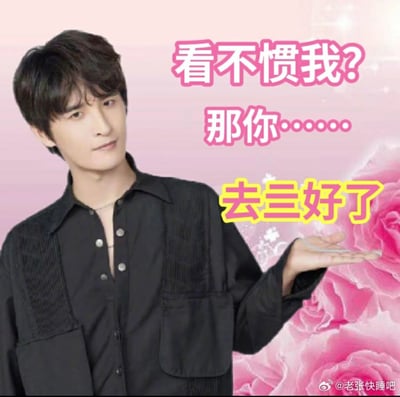 这是一张以歌手张远为主体的趣味怼人表情包，背景为渐变粉色，右下角搭配浪漫的粉色玫瑰花元素。张远身着黑色衬衫，脸上带着略带不屑的拽酷神情，左手摊开伸出，摆出无所谓的姿态。图中配文“看不惯我？那你……去三好了”，运用谐音梗将“去死”替换为“去三”，既规避了敏感词，又保留了不服软的怼人语气，整体风格幽默傲娇，适合在社交场景中用来回怼杠精或是和朋友玩梗互动。