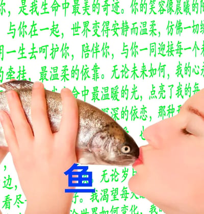图片中一位人物双手捧着一条鱼，将鱼嘴凑近自己的嘴唇，闭眼作亲吻状。背景被大量绿色的浪漫抒情文字填满，内容包括“你是我生命中最美的奇迹”“与你在一起，世界变得安静而温柔”“用一生去呵护你”等深情语句，画面中央偏下位置有一个醒目的蓝色“鱼”字。整体通过浪漫文案与亲吻鱼的荒诞场景形成强烈反差，营造出无厘头的搞笑效果。