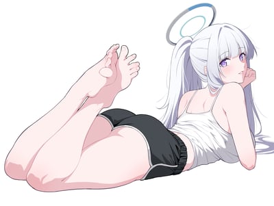An anime-style illustration of a young girl with long white hair tied in a ponytail, a blue and white halo above her head, and purple eyes. She is lying on her side with her legs raised and crossed at the ankles, wearing a white tank top and black shorts. Her expression is relaxed with a slight blush on her cheeks. The background is plain white, making the character the focal point.