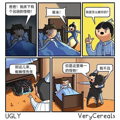 这是一则五格搞笑连环漫画：第一格，小男孩蒂米坐在床上，满脸害怕地告诉爸爸自己床下有个丑陋的怪物；第二格，爸爸穿着睡衣怒气冲冲地冲进房间，喊着蒂米的名字；第三格，爸爸伸出手指，严肃地质问蒂米自己是怎么教他的；第四格，爸爸蹲在床边，语气温柔地邀请床底的黑色多眼怪物出来；第五格，爸爸抱着怪物，手指着蒂米，声称蒂米是这里唯一的怪物，而被抱着的怪物则一脸委屈地反驳“我不丑”，蒂米坐在床上一脸疑惑地看着这一切。整个故事通过爸爸态度的巨大反转，以及怪物的反驳，制造出荒诞的幽默感，打破了常规的亲子对怪物的认知。
