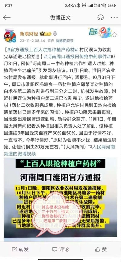 这是一张竖屏的微博截图，内容为新浪财经发布的河南周口淮阳区官方通报上百人哄抢种植户药材事件的新闻。微博正文显示，2023年10月31日周口一药材种植户在白术第二遍收割到三分之二时机械故障，村民误认收割完毕进地捡拾，种植户称损失20万引发热议，11月1日晚当地农业农村局发布通报回应此事。下方附带的官方通报截图被网友添加了红色气泡对白，吐槽通报中的损失说法，称“其实根本没有啥二十万的，也太侮辱收割机了，还是第二收割”，质疑事件中的损失金额和收割情况。